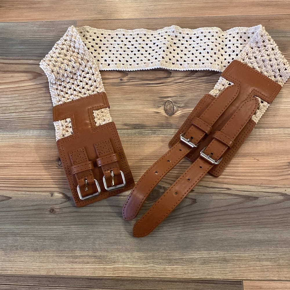 JCP Buckle Corset Boho Tan Woven Macrame Belt